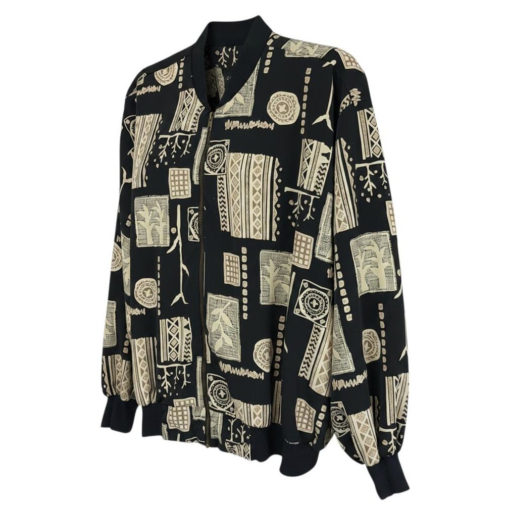 Vintage Cascais Black Cream Pattern Zip Up Jacket Womens Size Medium Mexico Poly - Picture 2 of 10